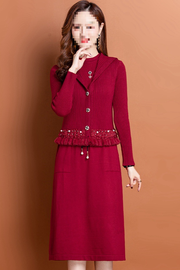 加绒加厚针织连衣裙女两件套装秋冬新款时尚洋气保暖毛衣打底裙子