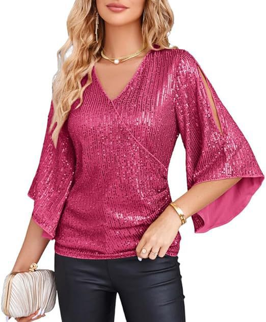 New Women's Sequined Bell Sleeve Top