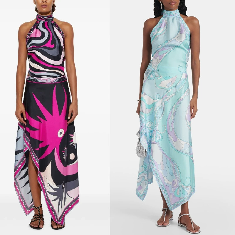 Трансграничная независимая станция 2025 новый принт атласная шея без спинки топ нерегулярная юбка из двух частей