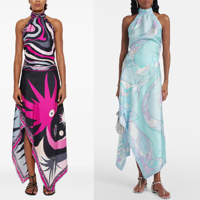 Cross-border independent station 2025 new printed satin hanging neck backless top irregular skirt two-piece suit Cross-border independent station 2025 new printed satin hanging neck backless top irregular skirt two-piece suit