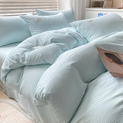 Internet celebrity waffle four-piece set, washed and brushed sheets, quilt cover, fitted sheet, bedding, contrasting color dormitory three-piece set