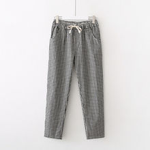 棉麻九分直筒女裤子薄春秋韩版黑白格子休闲裤女松紧高腰宽松大码