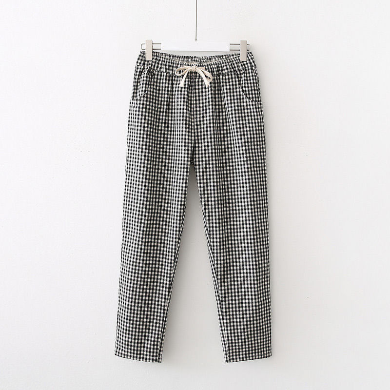 棉麻九分直筒女裤子薄春秋韩版黑白格子休闲裤女松紧高腰宽松大码