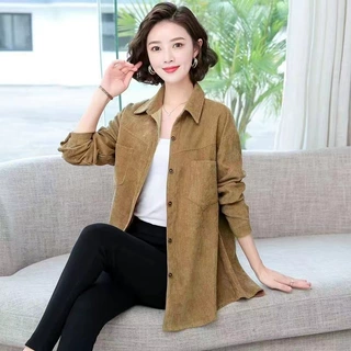 2024新款灯芯绒长袖衬衫女妈妈装中长款百搭上衣大码宽松衬衣外套