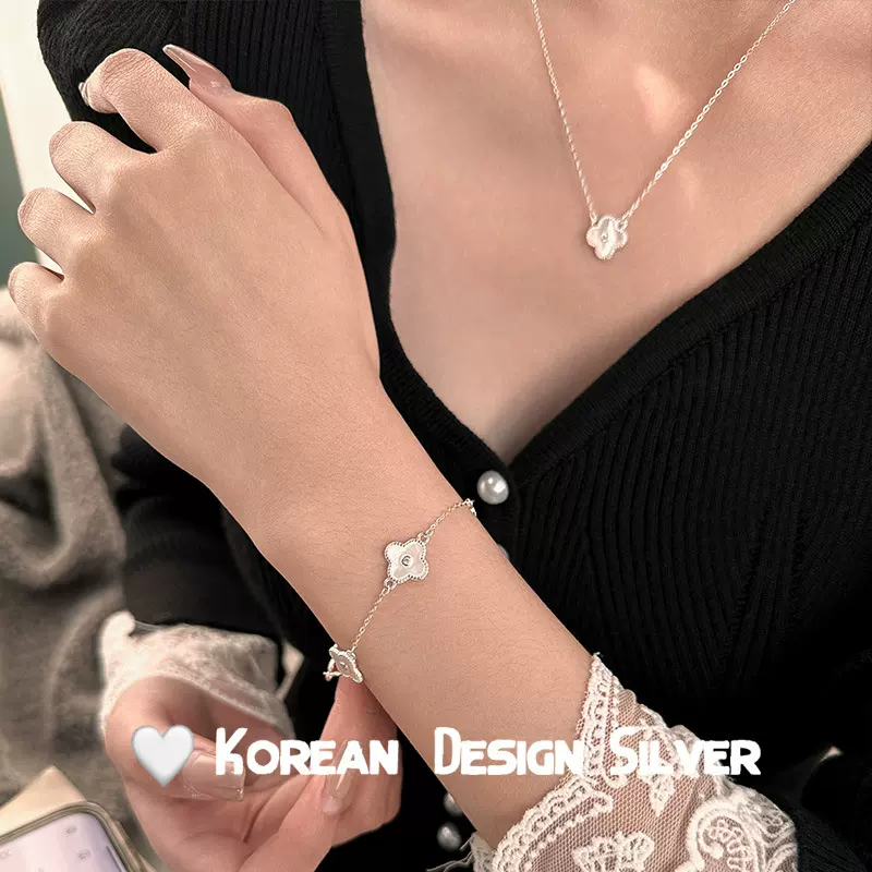 S925通体纯银贝母四叶草五花项链女ins风小众时尚设计高级感手饰