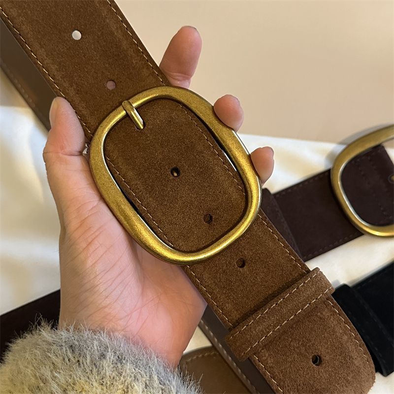 Wide Waist Belt For Coats Women's Retro Brown Gold Buckle Double Layer Cowhide Suede High-End Belt Autumn Winter New Arrival - Thumbnail 8