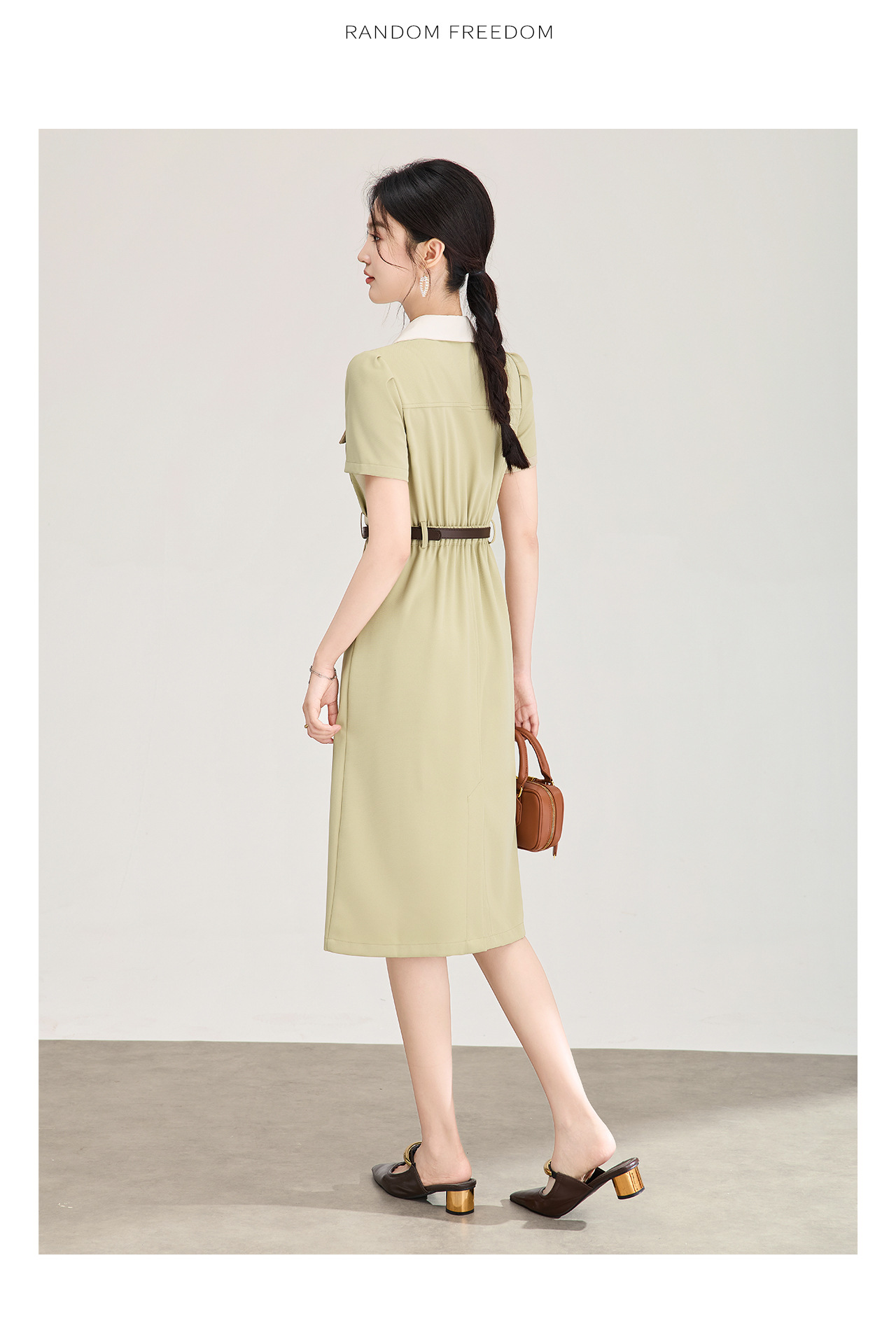 Đầm dài cổ sơ mi phong cách vintage nữ tay ngắn dáng suông — xanh lá cây chi tiết 15