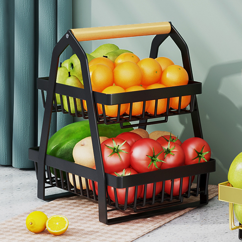 Condimento transfronterizo de aperitivos de hierro cesta de verduras y frutas mesa de cocina cesta de almacenamiento estante de almacenamiento cesta de hierro portátil de doble capa