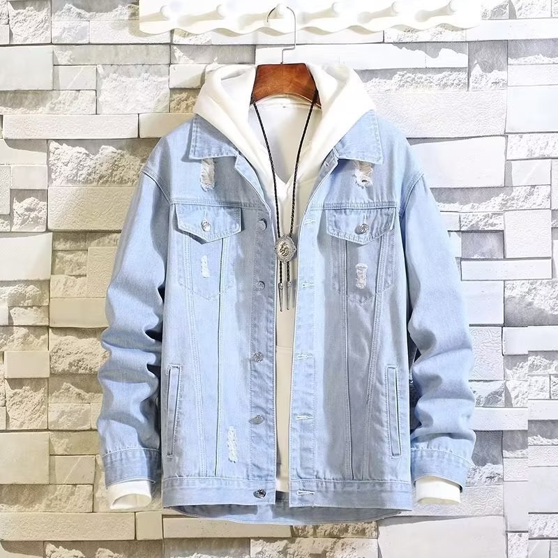 Autumn light-colored ripped Denim coat men's Korean-style trendy baseball uniform washed workwear handsome spring and autumn jacket