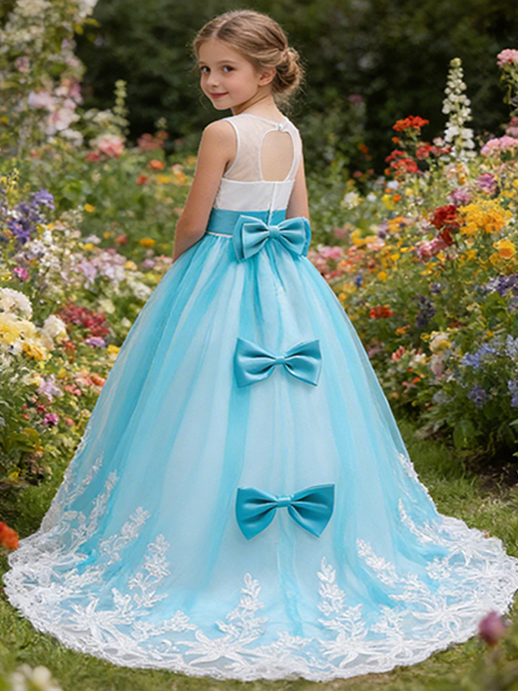 Vestido de noche formal para niñas, estilo princesa, con malla, encaje y pedrería, cola larga, transfronterizo.