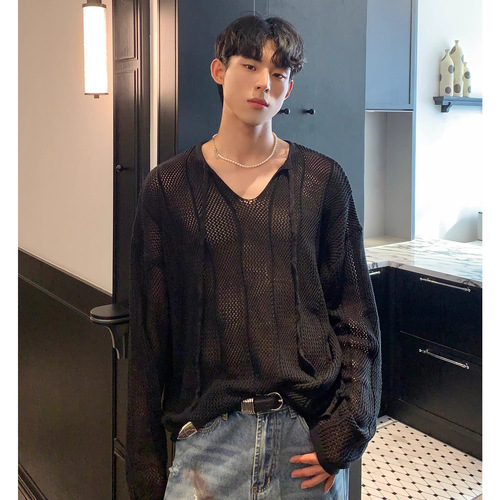 Men's V-neck Knit Sweater with Lacy Mesh Long Sleeve Outerwear, Casual Trendy Style for Spring and Autumn (Korean Version)