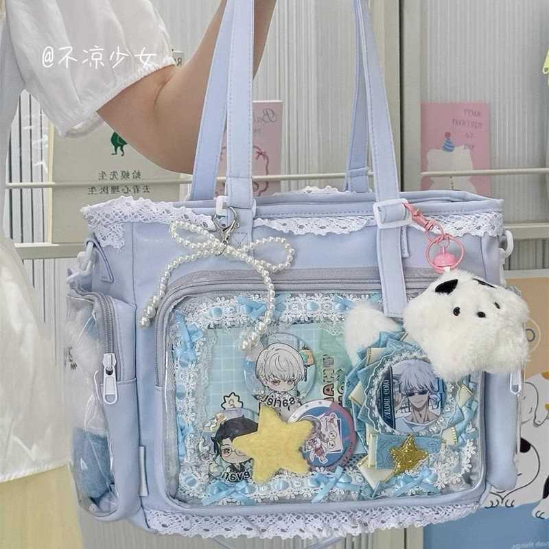 学院少女斜挎包大容量透明单肩包谷子吧唧扎板大食量蕾丝痛包娃包|undefined