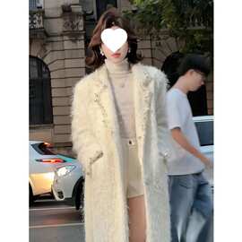 奢华重工钉珠毛绒名媛气质外套今年感赫本风毛呢大衣女装