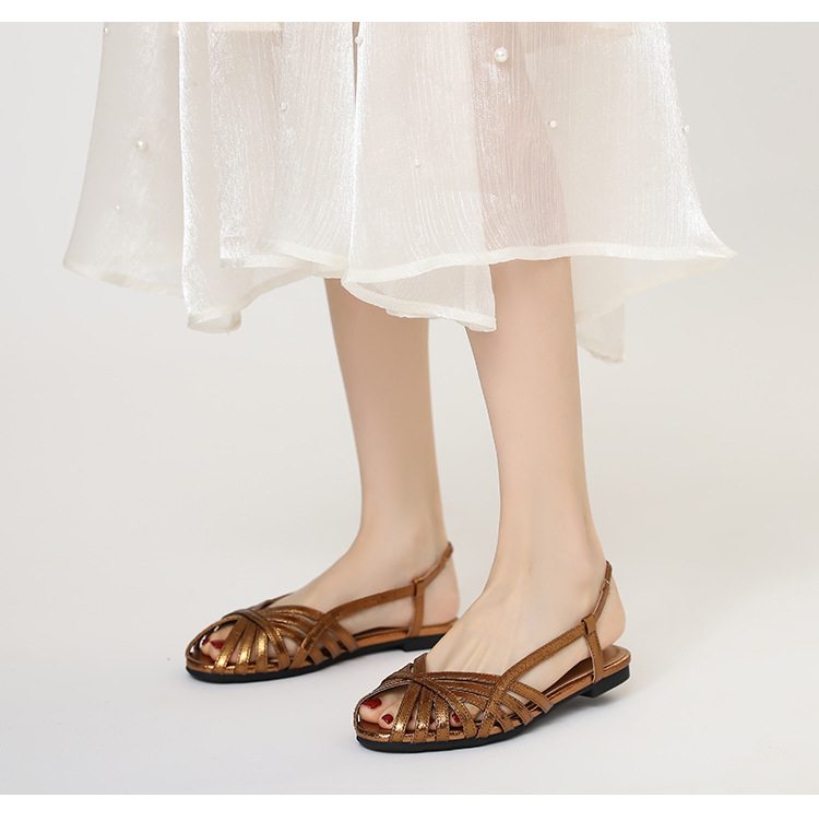 Shiny Orange Roman-style Flat Sandals With Cross Straps, Open Toe, Back Strap, Versatile For Commuting, Women's Shoes_desvips.com