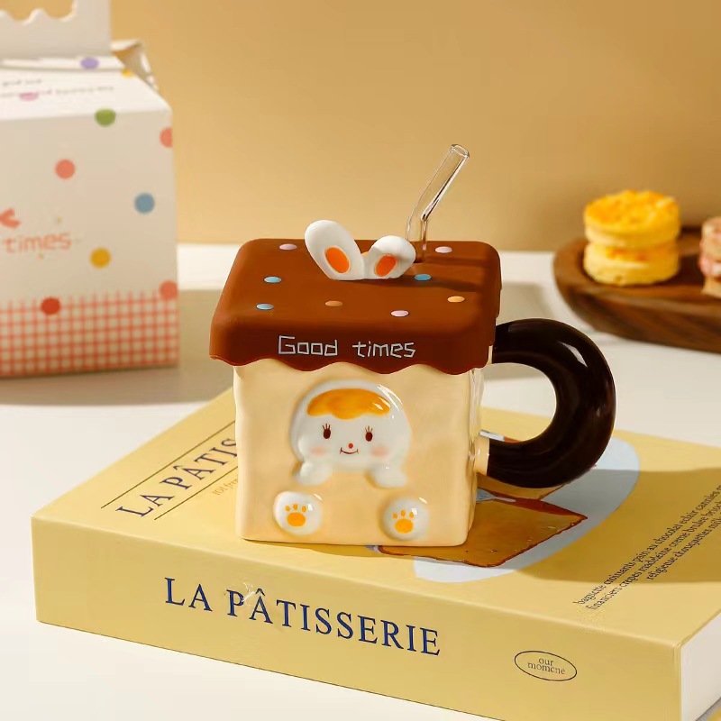 Taza de conejo lindo con tapa pajita regalo de corazón de niña creativa taza de desayuno de cerámica cuadrada taza de oficina