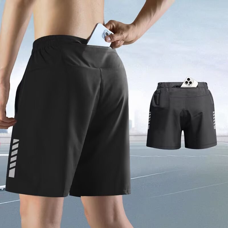 Men's Sports Shorts Casual Quick-Dry Running Shorts Ice Silk Fabric Can Hold Phone Cheap Marathon Zipper Pocket Five-Point Length