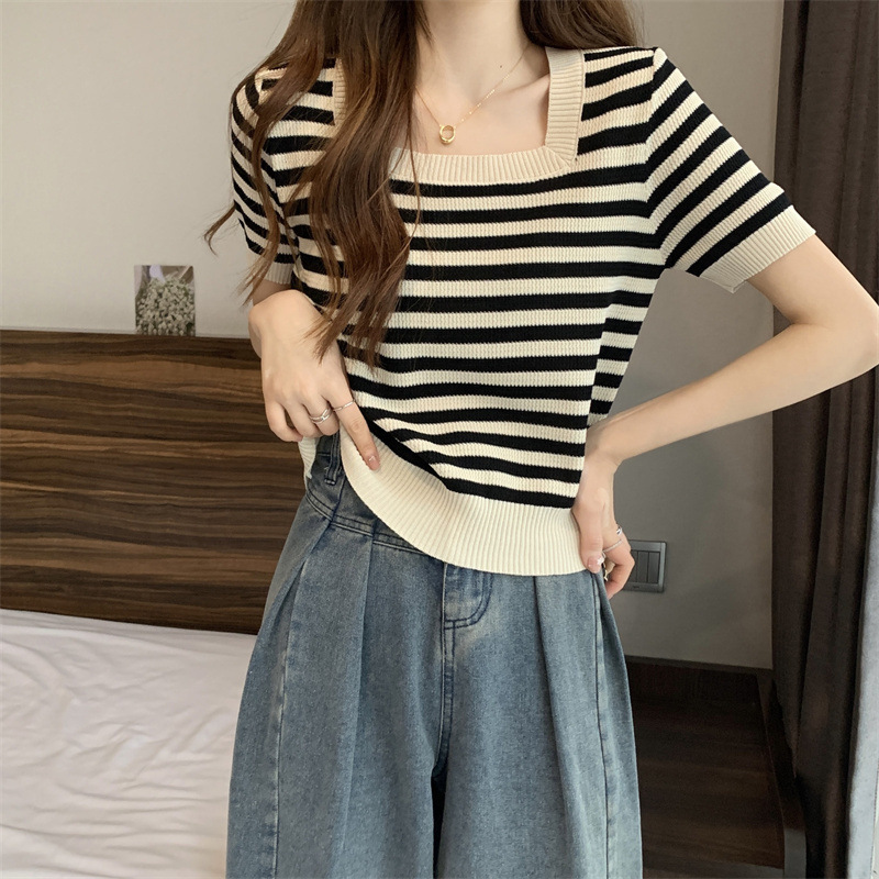2023 Summer New Large Size Chubby Girls French Square Collar Striped Knitted Sweater Women's Short Sleeve Top