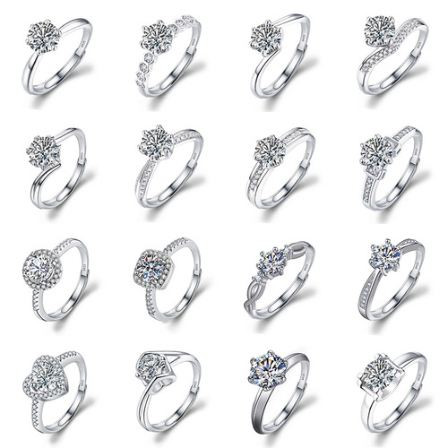 Live broadcast female ring moissanite ring female ins imitation silver S925 ring holder crown six claws 1 carat zircon ring diamond ring