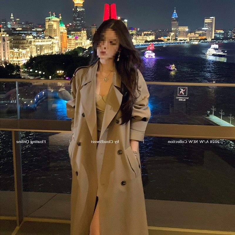 Mid-Length Silhouette Lapel Ladylike British Style Windbreaker Jacket for Women Spring and Autumn Tall Stand Collar Coat