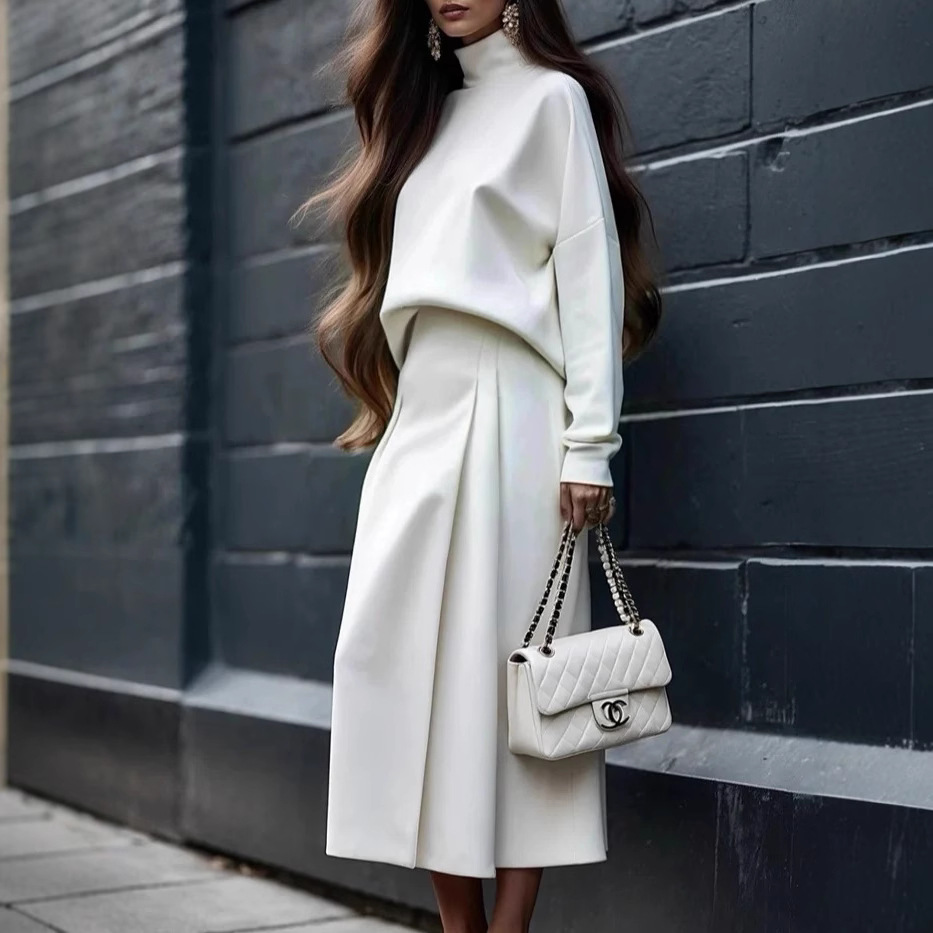 2025 European and American Clothing Amazon Pure Color Long-Sleeved Turtleneck Top Sweatshirt + Long Skirt Elastic Waist Skirt