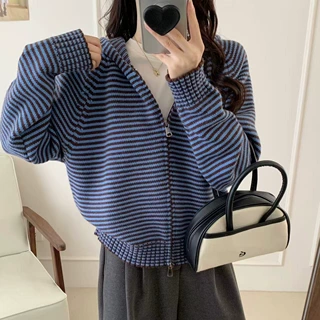 条纹拉链连帽针织开衫女秋冬新款韩系慵懒风宽松百搭毛衣外套上衣