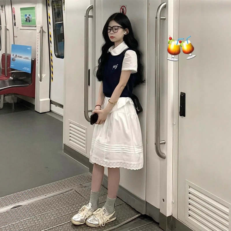 韩系气质休闲运动服套装女夏季2025新款衬衫短袖背心半身裙三件套|undefined