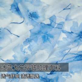 半透垂坠冰蓝色大花褶皱肌理网纱布料衬衫好看服装设计师面料A