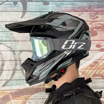 Motosiklet kaskı (dəbilqə) 3C Off-Road Safety Helmet Motorcycle Helmet - cement-gray-line-line-with-orz-cement-gray-frame-goggles-gloves-and-mask-included-s