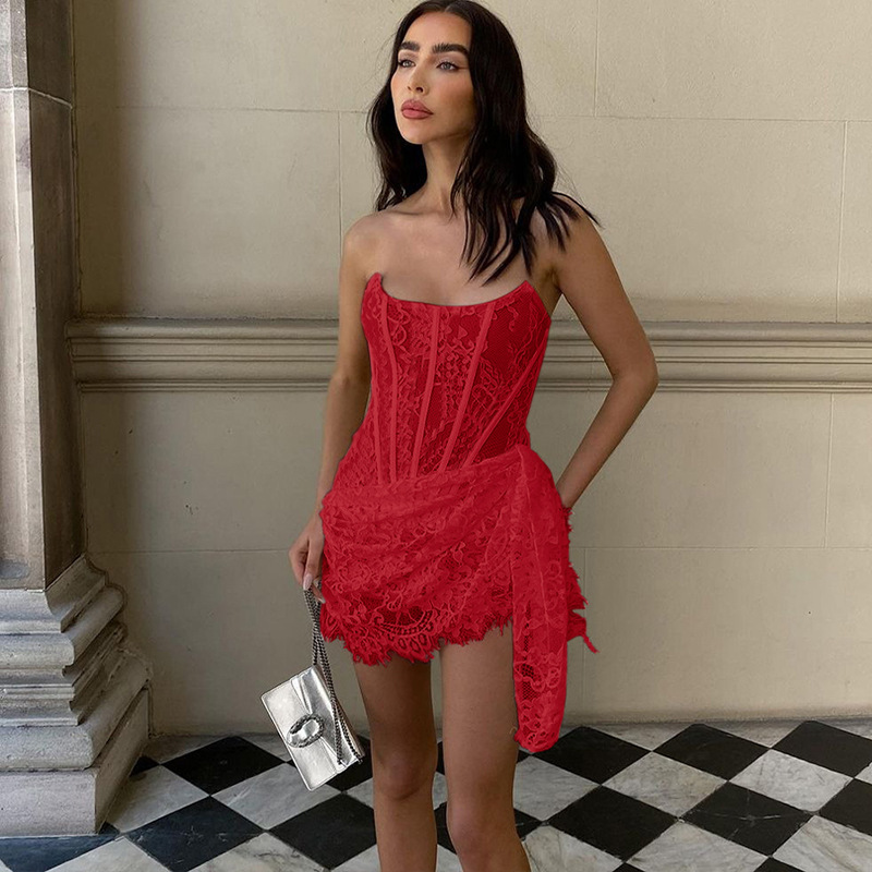 364g Weight Short Mini Dress Dress Length Type Sleeveless Sleeve Length Lace Dress Dresses Type Triacetate Fiber (Triacetate), Spandex Fabric Type Mid Waist Waist Line Holiday, Cocktail Party Occasion Strapless Neckline Slim Fit Type Christmas, Valentine'S Day Festival Lace Pattern Summer, Spring, Autumn Season Women's Gender Elegant, Sexy Style Wholesale Women's Elegant Sexy Lace Holiday Cocktail Party Strapless Sleeveless Lace Dress 19