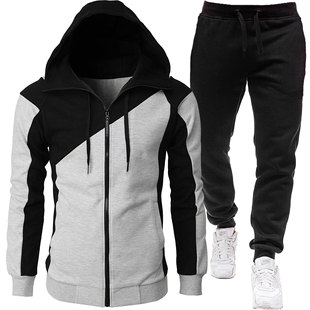 Cross-border Autumn and Winter Export Sports Two-color Splicing Jacket Long Men's Velvet Thickeneded Sports Suit Two-piece Set