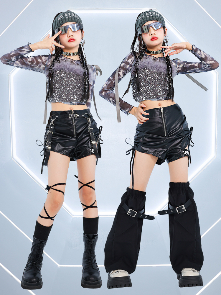 Hip Hop Mädchen K-pop Pailletten Crop Top Street Dance Pu Leder Hosen Kinder Streetwear Glänzende Shorts Kind Jazz kostüme Kleidung Sets – Detail 6