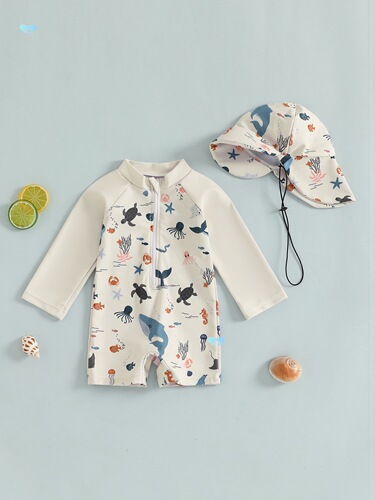Kids Long Boys Sleeve Swimwear Casual Marine Animal Print