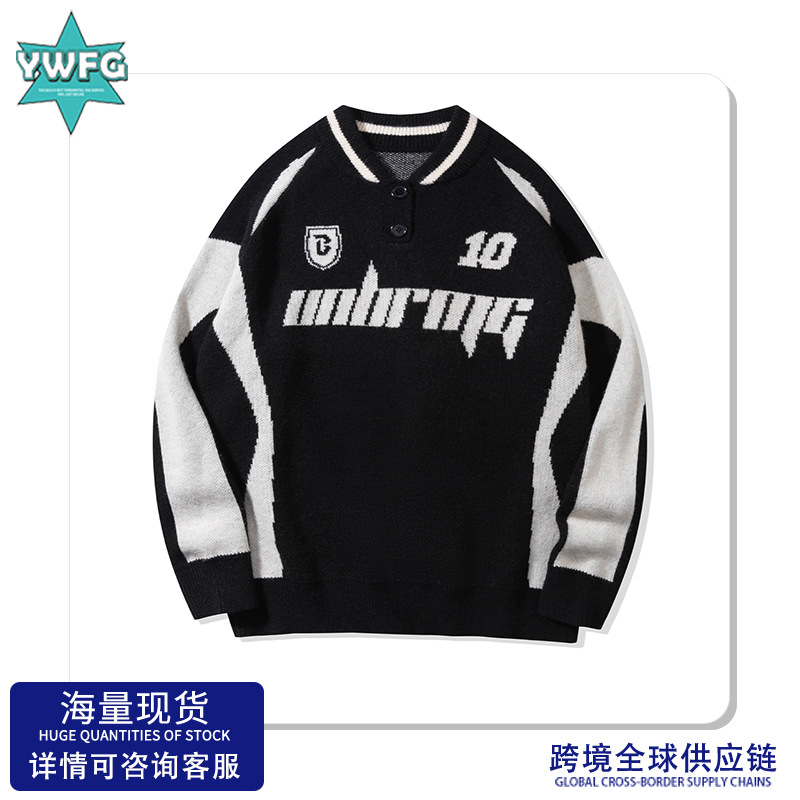 YWFG mujeres americanas letras retro empalme hembra 2024 otoño pareja superior versátil cuello redondo manga larga jersey