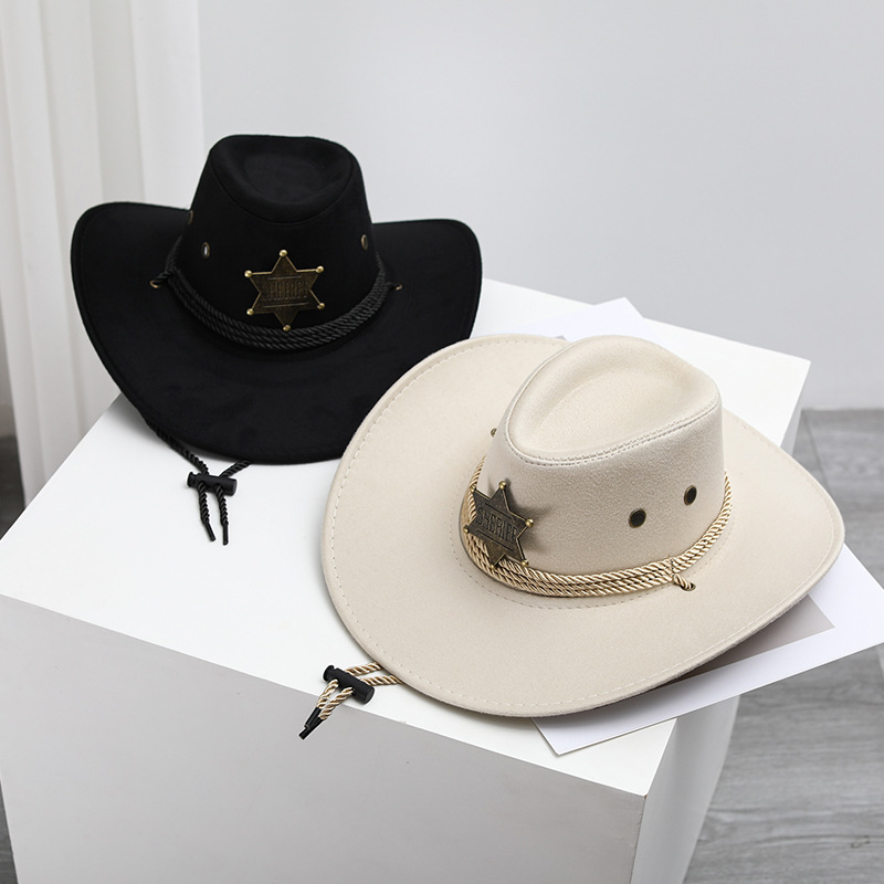 Western Cowboy Hat Retro Sheriff Hat Men's and Women's Horse Riding Travel Fishing Sunshade Sun Protection Belt Wind Rope