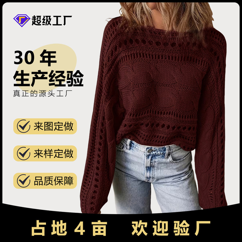 2026 Women's Sweater High-End Spring and Autumn Crochet Cover-Up Hollow Out Shirt Women's Long Sleeve Round Neck Short Top