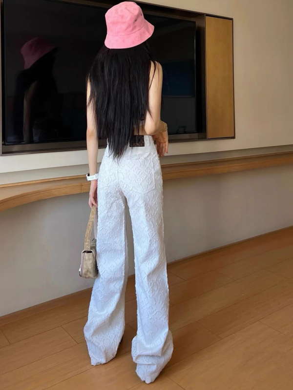深圳南油马户家提花满印白色牛仔裤女春秋时尚休闲百搭高腰阔腿裤|undefined