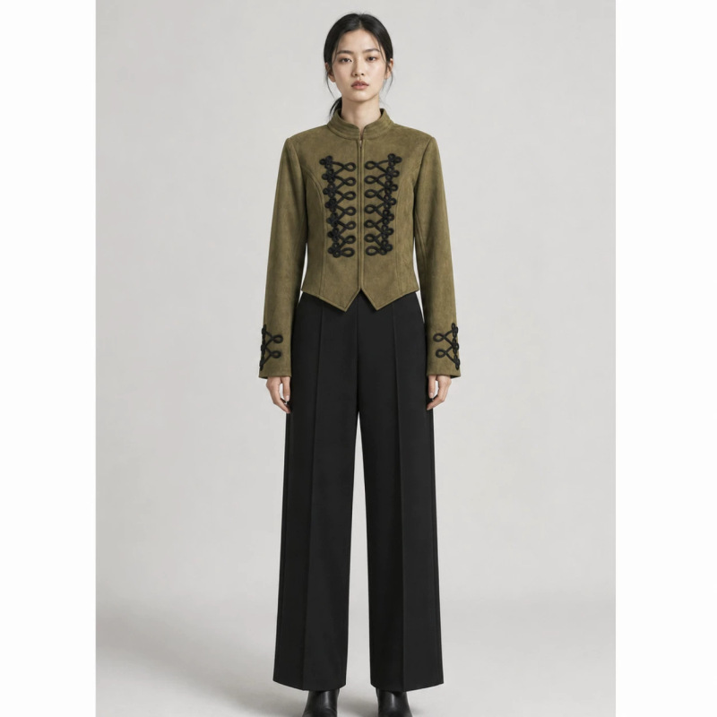 PB&ZA 2026 Spring New Women's Jacket in Military Green Suede with Stand Collar and Button Closure, Short Palace Style Coat PB&ZA 2026 Spring New Women's Jacket in Military Green Suede with Stand Collar and Button Closure, Short Palace Style Coat