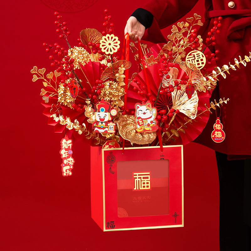 福袋暴富牛皮纸袋烫金鲜花礼品手提袋福桶年宵花桶纸质花束新年