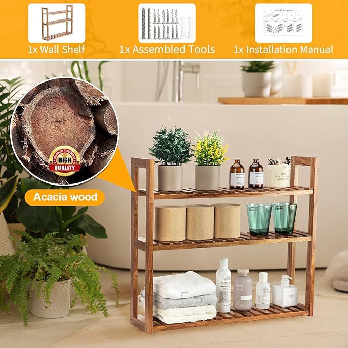 3-Tier Wood Shelf with Adjustable Shelves, Multifunctional Standing Shelf Unit for Bathroom, Living Room