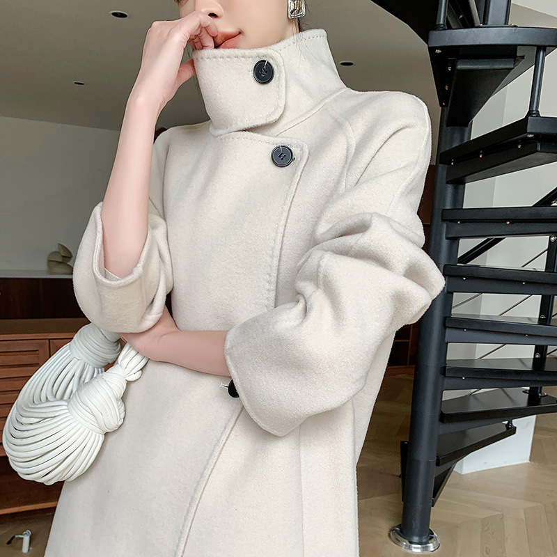 양면 캐시미어 코트 여성용 중간 길이의 스탠드 칼라 두꺼운 모직 코트 가을과 겨울 고급 기질 느슨한 모직