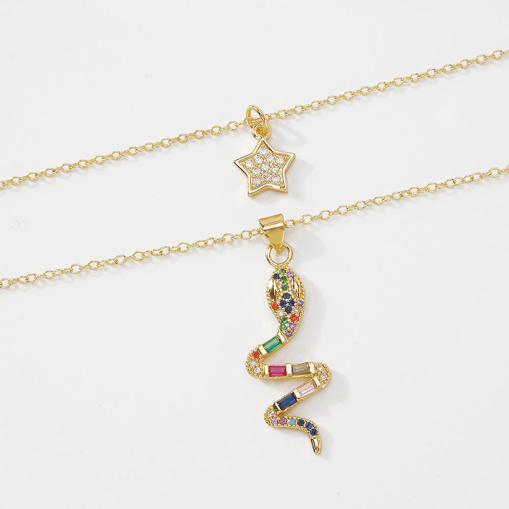 vintage exaggerated pentagram snake-shaped color zircon copper necklace wholesale