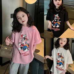 Girls' Short Sleeve T-Shirt Pure Cotton Summer Outfit Trendy and Stylish Middle and Large Children's New Baby Cartoon Print T-Shirt Casual Top