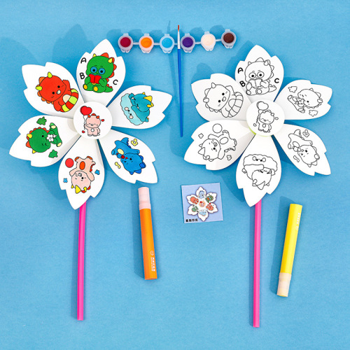 Cartoon painting graffiti windmill creative diy hand painting paper windmill kindergarten puzzle coloring small gift