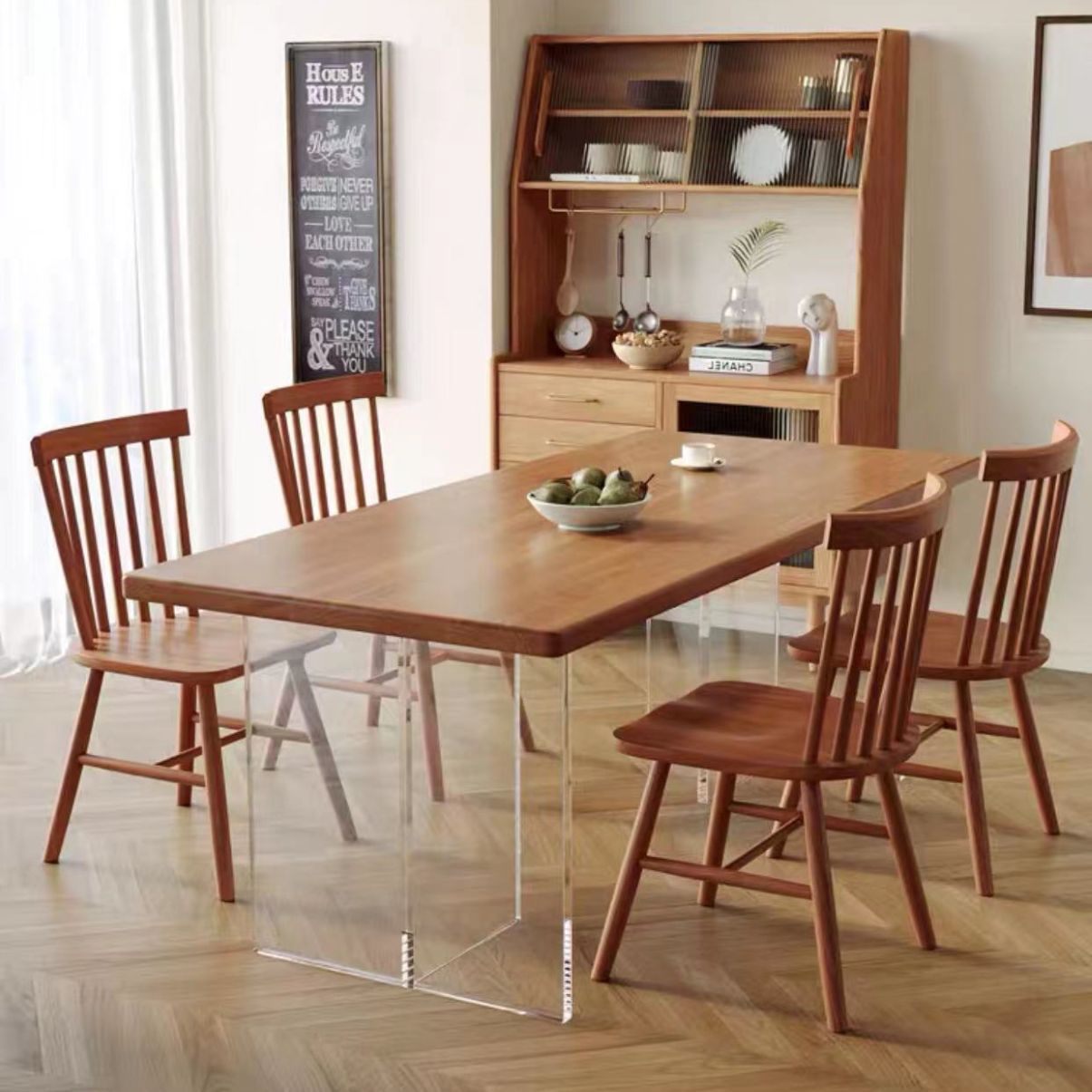 New Home Floating Acrylic Dining Table, Beech Wood Eating Table, Restaurant Hotel Solid Wood Dining Table and Chair Set