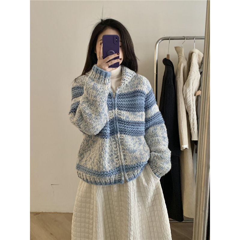 2025秋冬新款复古慵懒风翻领拉链粗线毛衣开衫女宽松加厚针织外套|undefined