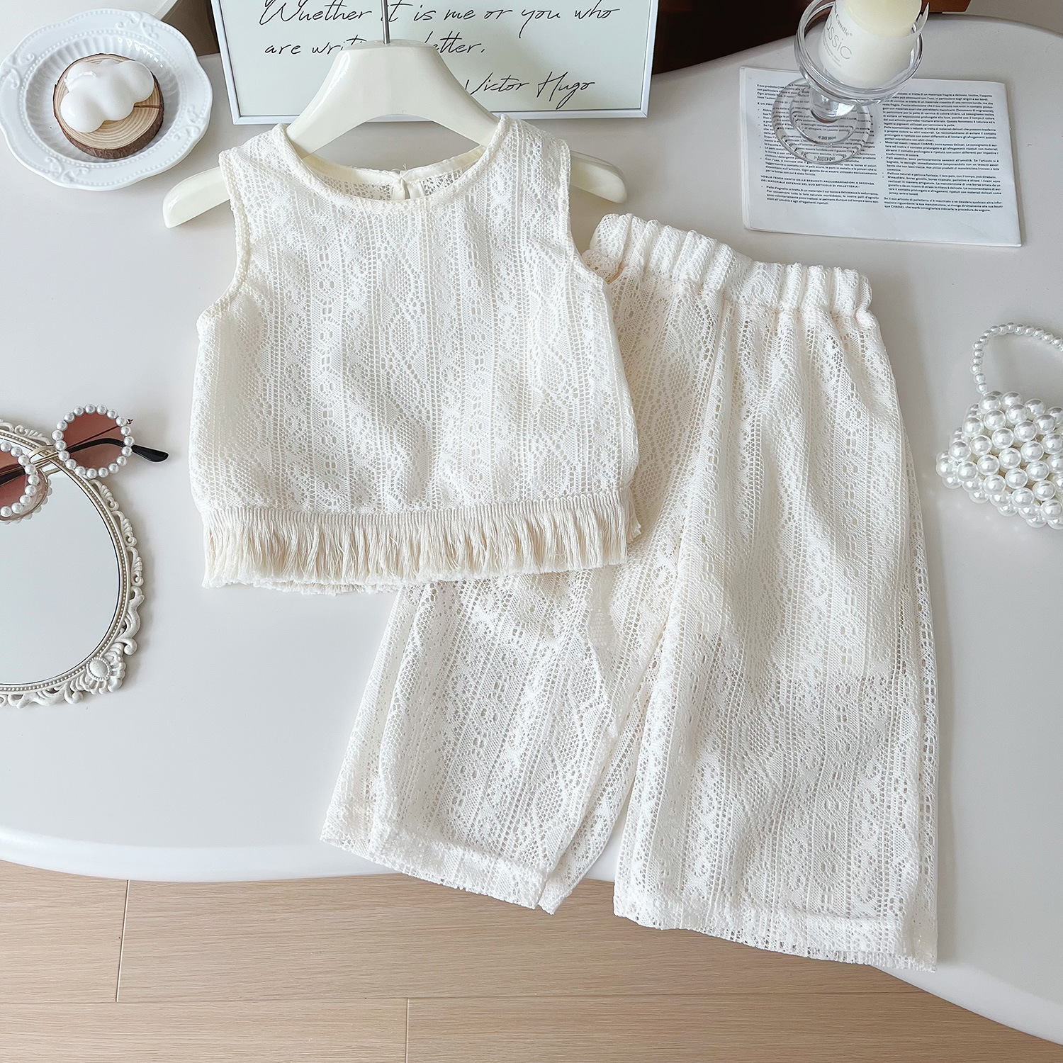 Mädchen Spitzen Mesh Weste Und Hose Set, Sommer Zweiteiler Süß_voghion.com