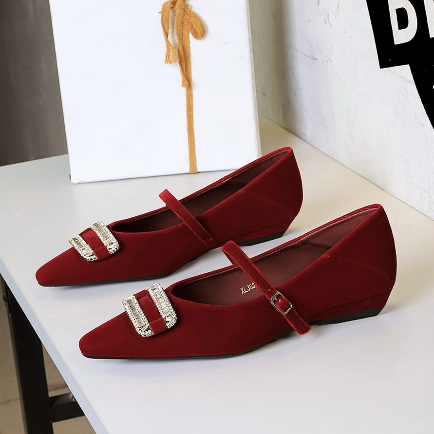 3686-K76 Korean-style Fashion Mary Jane With Rhinestone Buckle, One-strap, Wedge Heel, Suede, Elegant Pointed-toe Single_vogvips.com