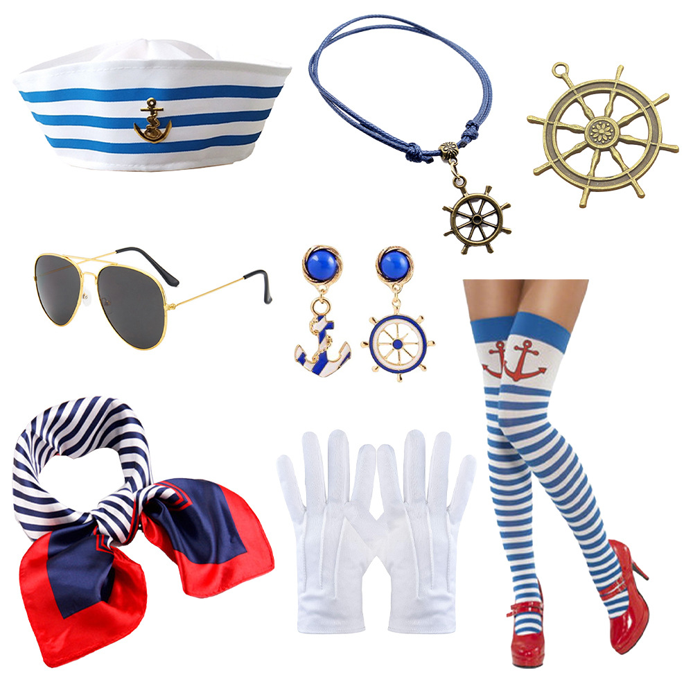 Suministros para fiestas transfronterizas Juego de roles Sombrero de marinero Pañuelo cuadrado Sombrero azul marino Policía militar Accesorios de vestir Disfraces