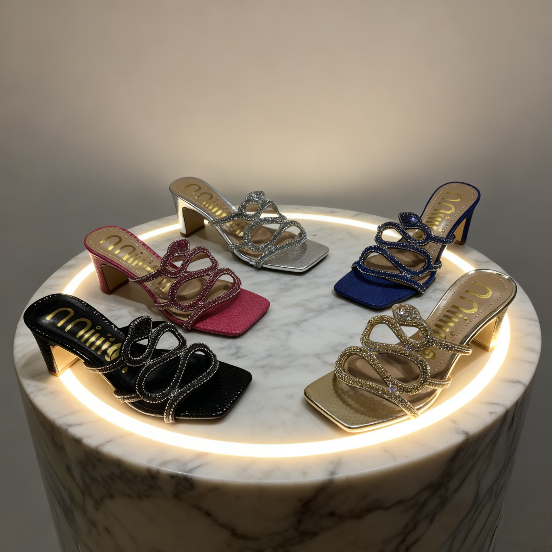 African High-heeled Women's Slippers Sandals With Rhinestones, European And American Style, Square Toe_vogvips.com