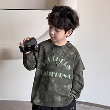 男童T恤 2025新款秋季童装儿童休闲字母假两件长袖打底衫圆领上衣